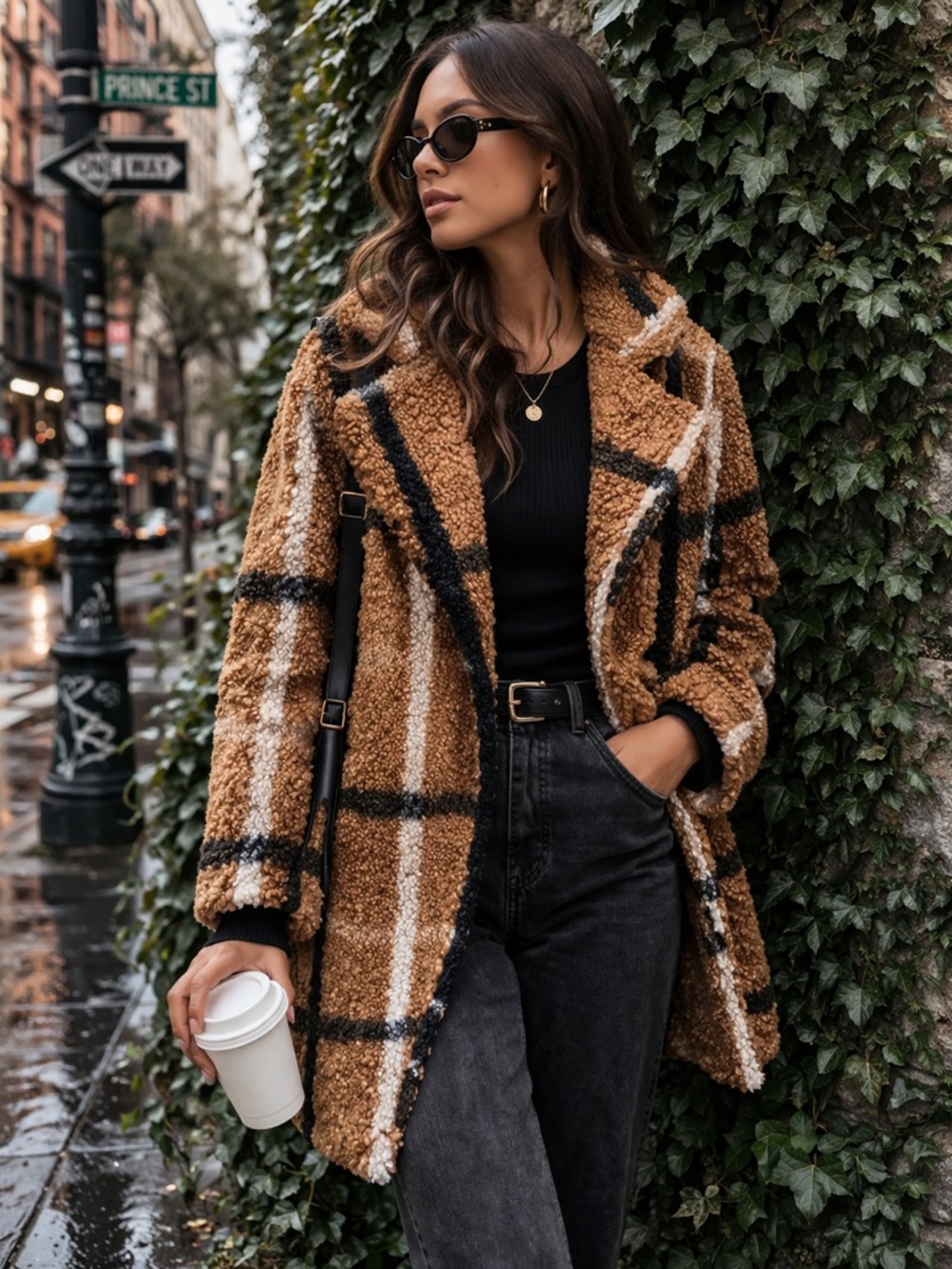 STOOSH Camel Plaid Boucle Relaxed Fit Snap Front Fall Downtown Statement Coat, S